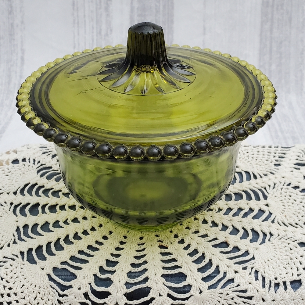 Vintage Green Glass Covered Bowl with Beaded Edge Lid